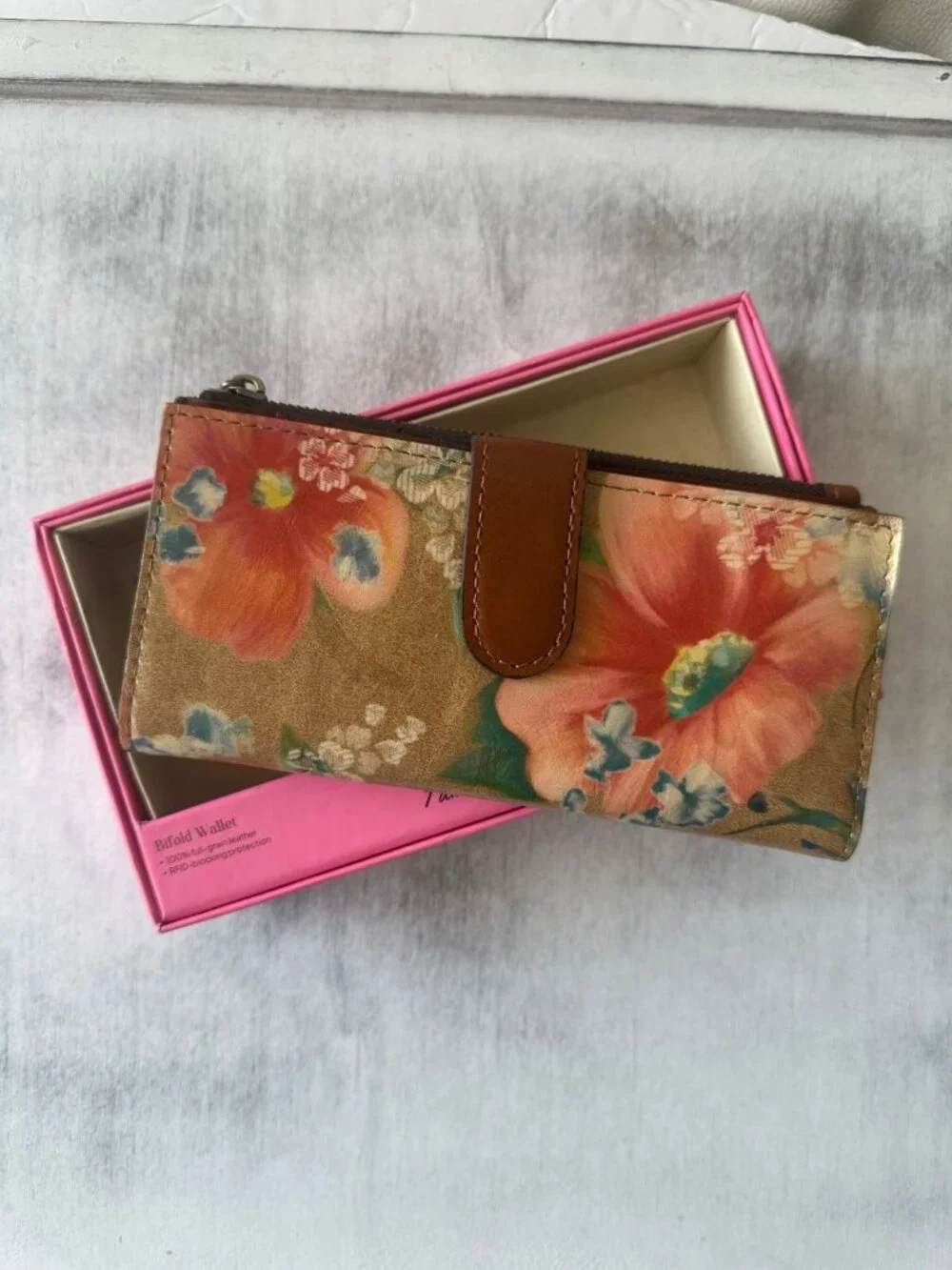 Patricia Nash Apricot Blossom Nazari Bi-Fold RFID Leather Floral Wallet Tan